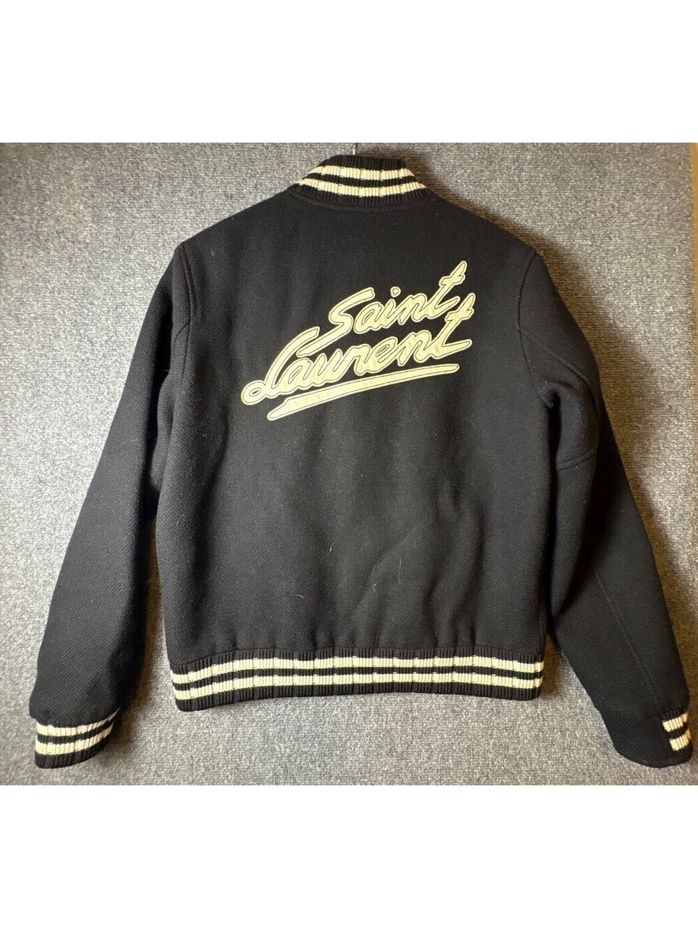 Saint Laurent Paris Designer Black Teddy Wool Varsity Jacket